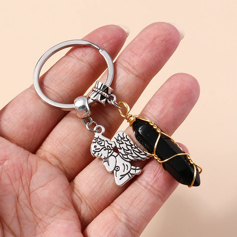 Natürliche sechseckige Säule Stein Schlüsselanhänger Frauen Männer Quarz Opal Kristall Schlüsselanhänger Auge Fatima Hand Sonne Mond Schmuck Party Geschenke – Detail 7