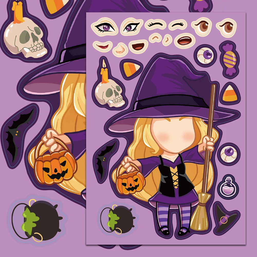 8/16 Blatt Halloween-Kürbis-Geist-Puzzle-Aufkleber zum Basteln für Kinder, zum Basteln eines Gesichts, Hexen-Montagepuzzle-Aufkleber, Partybevorzugung, DIY-Spielzeug