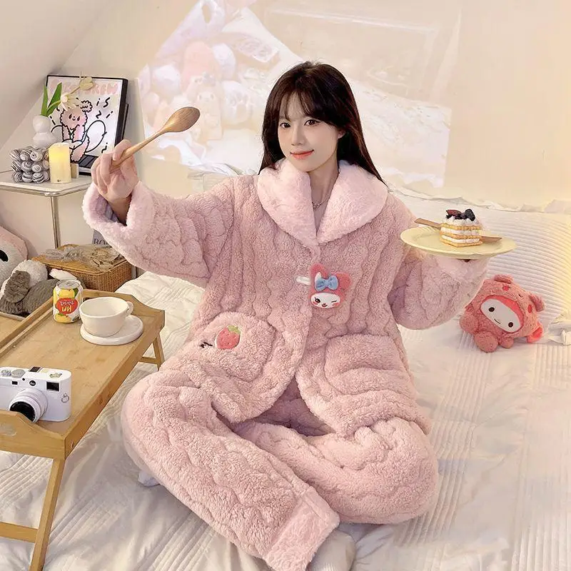 Sanrio Flannel Flip Collar Thickening Three Layer Cotton Pajama Set Kawaii My Melody Comic Girl Winter Keep Warm Home Clothes