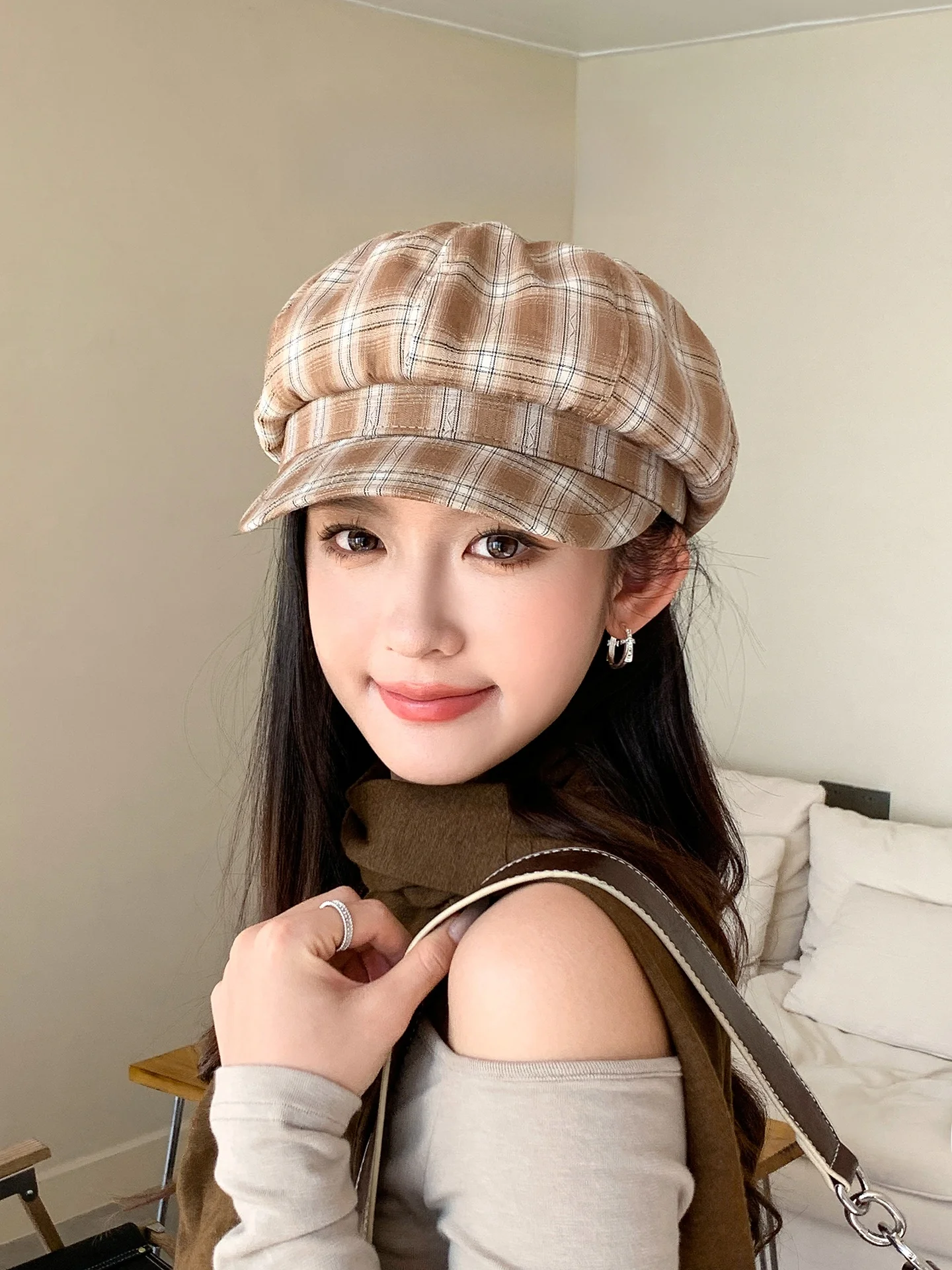 fashionable-plaid-beret-hat-small-girls-face-slimming-hanayo2026-new-korean-style-versatile-spring-summer-polyester-fiber-hat