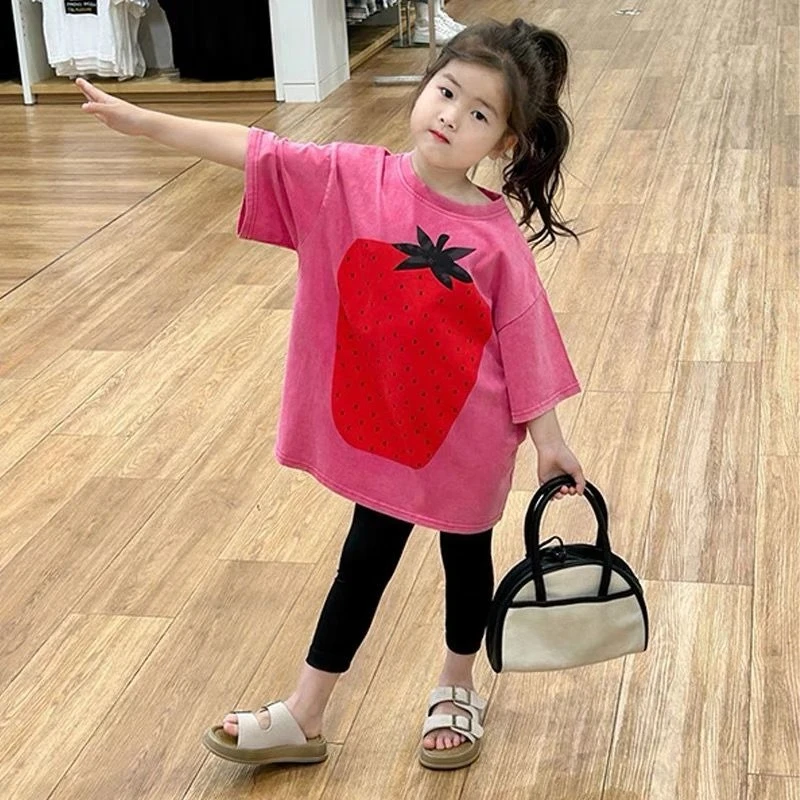 Girls Summer T-Shirt 2026 New Loose Fit Casual Top Kids Short Sleeve Strawberry Printed Tee Breathable Cute Trendy Outfit