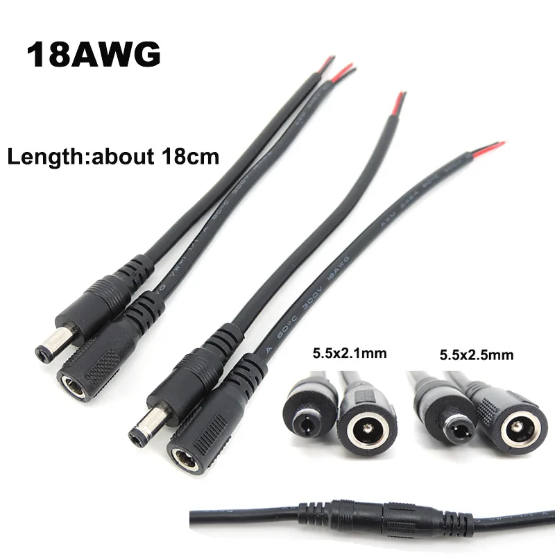 

18cm 18awg DC Male Female Power Supply Connector Cable 5.5x2.1mm 5.5x2.5mm Copper Wire 7A Current For LED Strip CCTV Camera R23