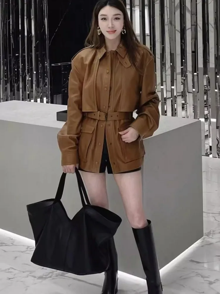 Fashion Echtes Leder Frauen Jacke Einreiher Epaulet Gürtel Retro Motorrad Oberbekleidung Echt Schaffell Mid Lange Party Mantel