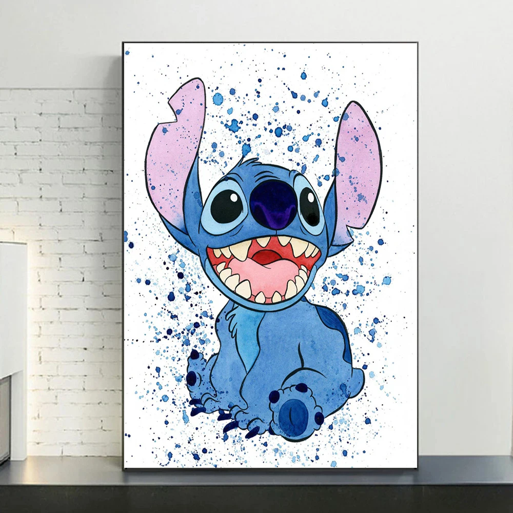 MINISO Disney Stitch Watercolor Wall Art Poster Angel Lilo Cartoon Graffiti Art Canvas Painting Print kids Room Mural Home Decor