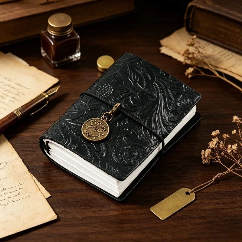 1Pc Vintage‑Pattern Mini Notebook, faux leather embossed with clock charm & strap, multi‑color for notes and travel journal
