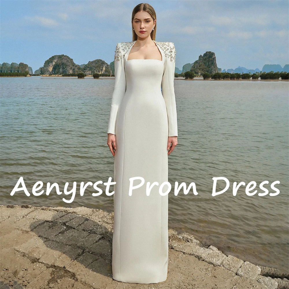 Aenyrst Long Sleeves customized Floor Length Prom Dresses Square-Neck Crystal Evening Gowns Elegant Wedding Party Formal Gowns