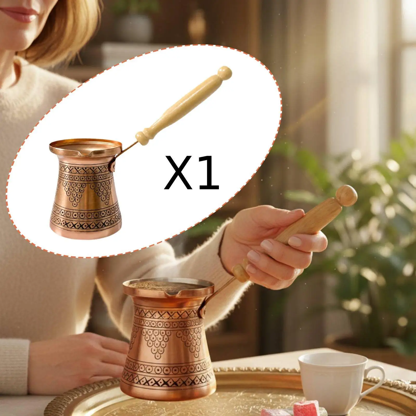 Turkish Coffee Pot Thick Small 400ml Handmade Stovetop Coffee Maker Teapot with Wooden Handle for Office Home Bar Cafe Kitchen