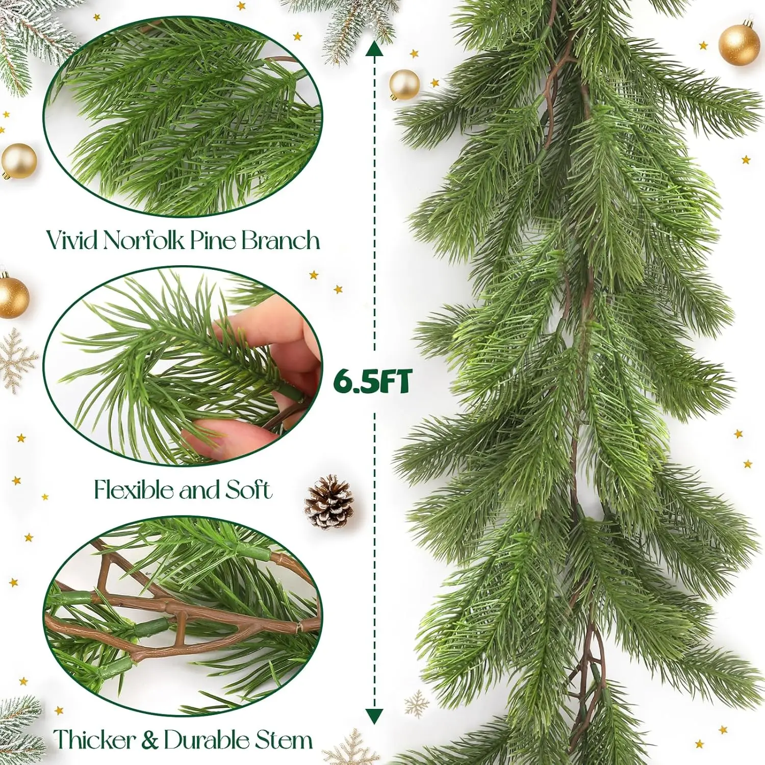 1.9M Christmas Norfolk Pine Garland Real Touch Artificial Realistic Pine Garland for Holiday Mantel Fireplace Table Home Outdoor