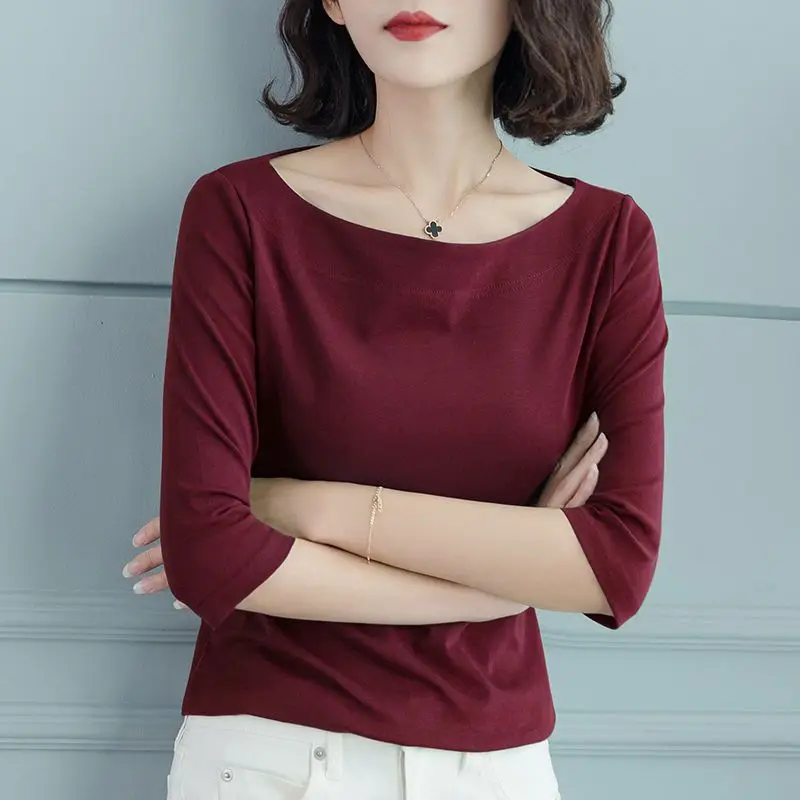 Spring Summer Fashion Solid Color Slash Neck Half Sleeve T-Shirts Ladies Simplicity Slim Thin Top Tee Women Clothing All-match