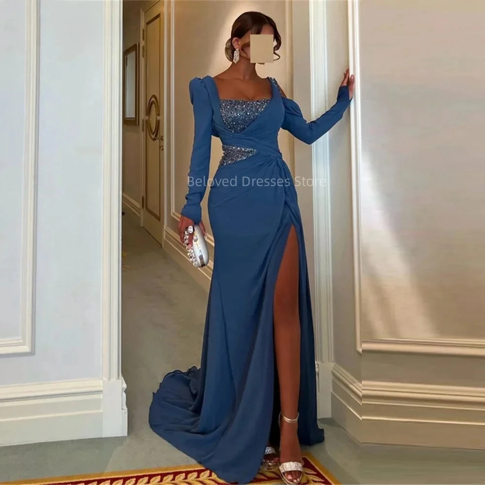 

Women's Blue Elegant Mermaid Long Sleeves Prom Gowns فساتين السهرة 2023 Sequined Side Slit Evening Dresses Vestidos De Fiesta