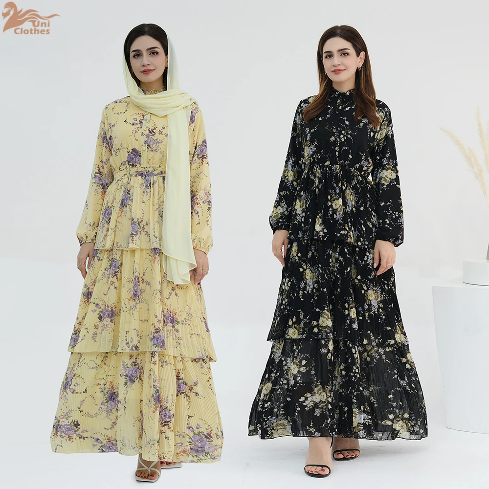 

2025 Summer Printed Abaya for Muslim Women Ankle Length Modest Islamic Dress with Waist Tie Outfit New Turkey Style long Robe