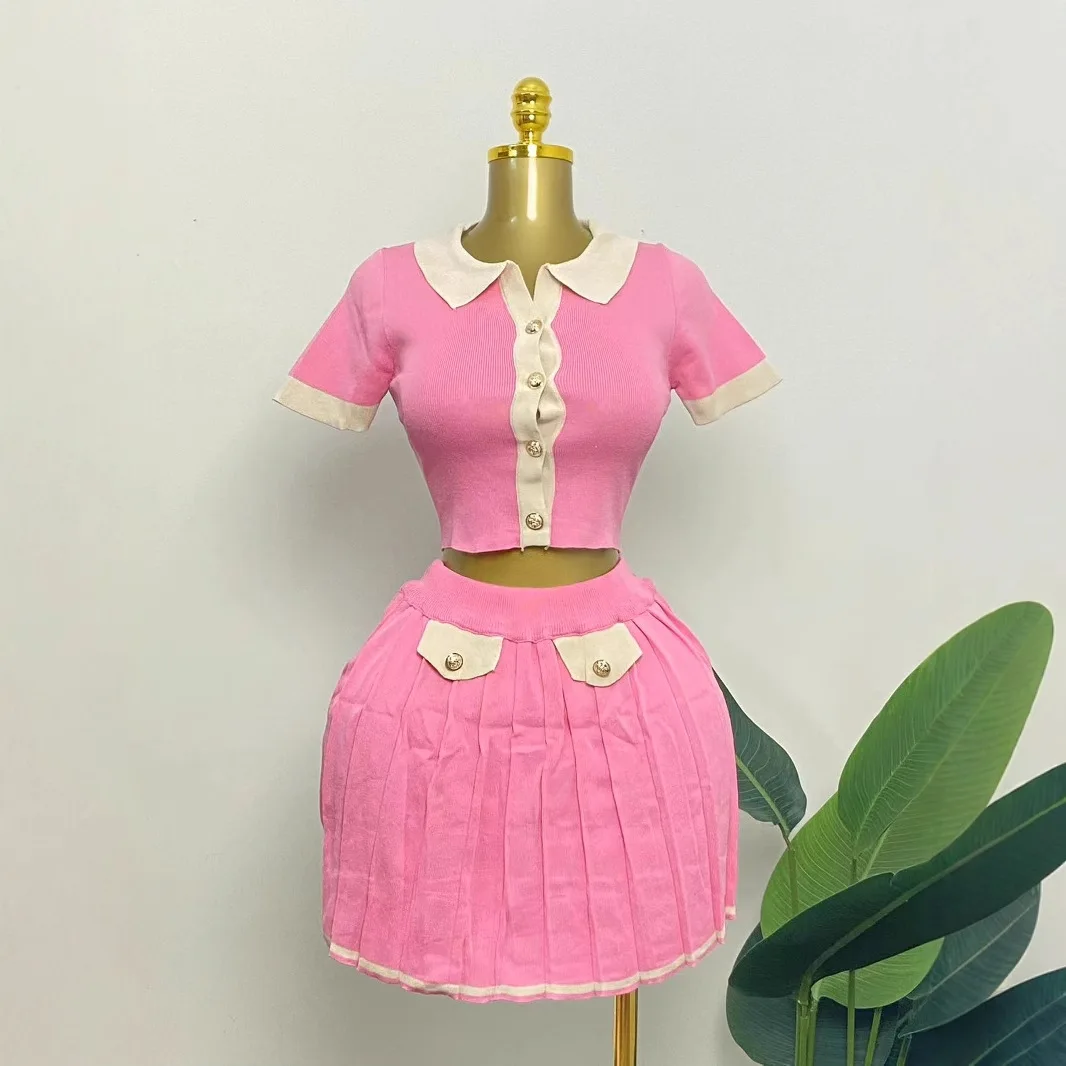 

Knitted Women 2 Piece Set Pink Short Sleeve Button Up Sweaters High Waist Pleated Skirts Matching Set 2025 Summer New Streetwear