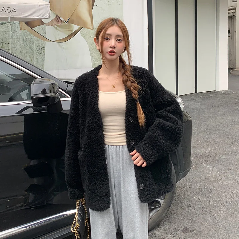 Faux Fur Decor Coats Womens Streerwear Long Winter Elderly Kawaii Chunky Furry High Waisted V Neck Hem Outerwear Slit Distressed