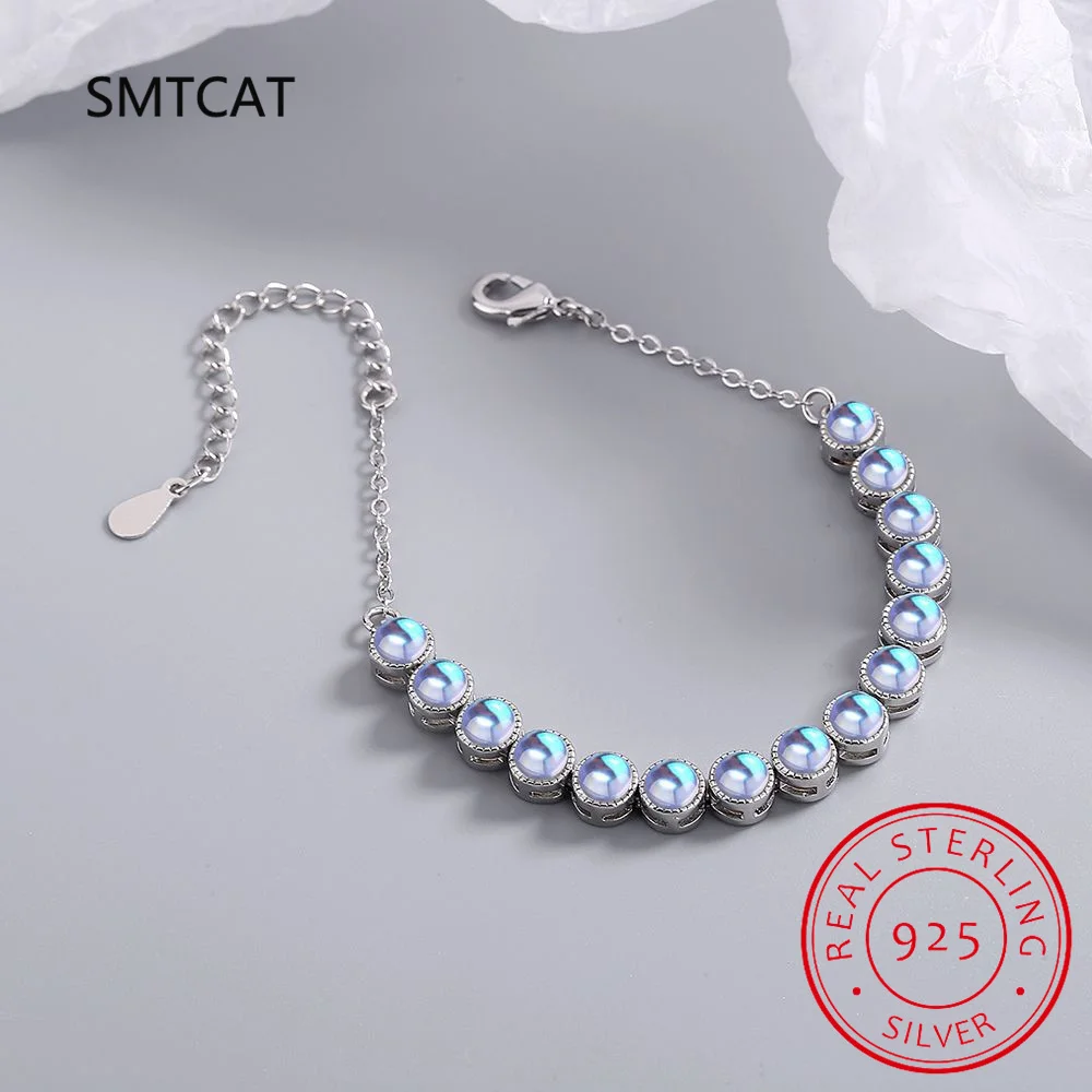 Created Round Blue Opal Stone Bracelets 925 Sterling Silver Chain Bracelets for Women Cubic Zirconia Fine Jewelry