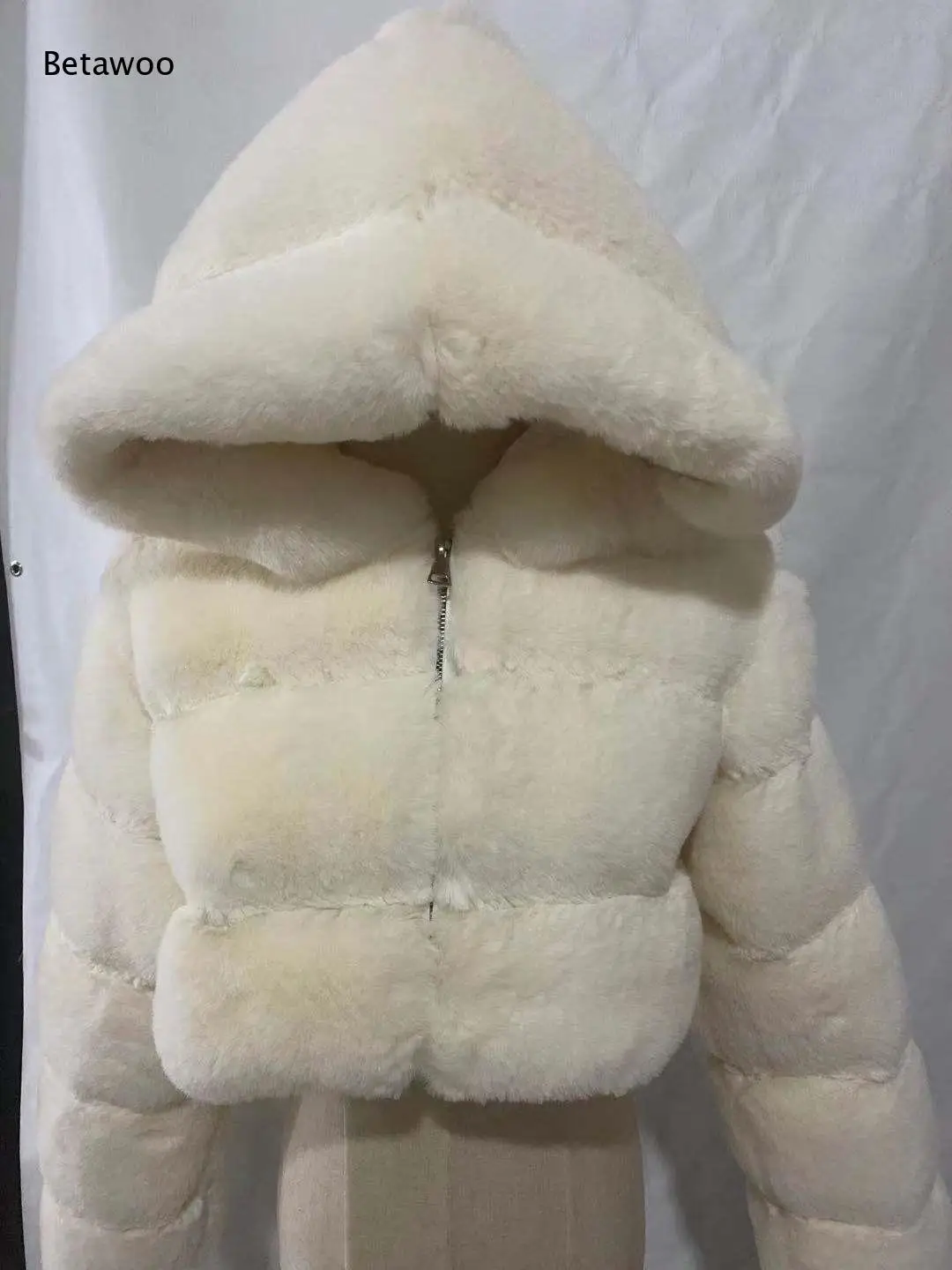 Trendy Women Striped Patchwork Faux Fur Short Coat High Collar Zipper Cropped Warm Winter Furry Outerwear