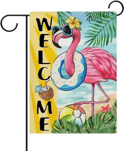 Welcome Summer Flamingo Decorative Garden Flag, Beach Coastal Swim Ring Tropical