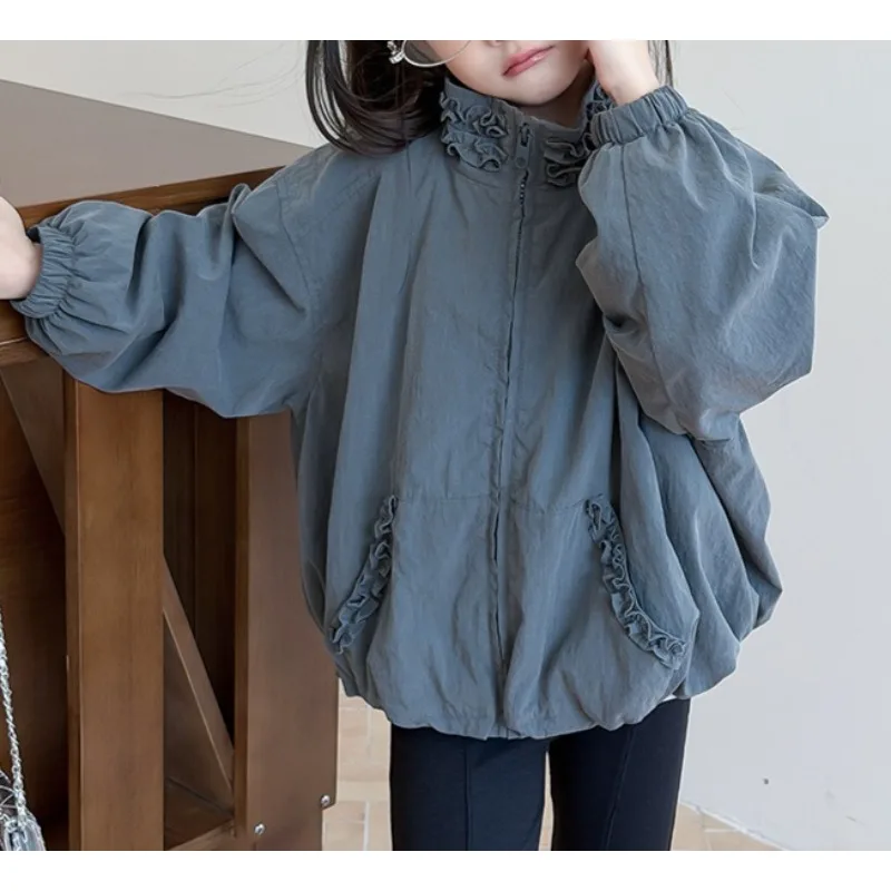 Early Autumn Light Zipper Trench Coat Girls Sweet Temperament Loose Casual Bud Hem Lace Trench Coat Stand-up Collar Jacket