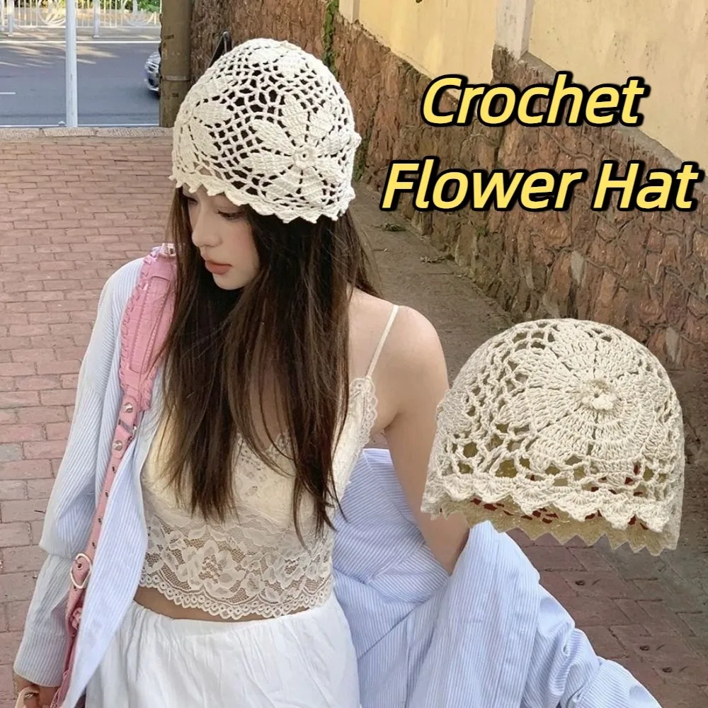 

Cute Handmade Crochet Flower Hat Thin Bohemian Style Hollow Out Knitted Hat Ethnic Style Korean Weave Cap Outdoor