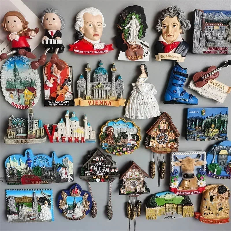 Austria Viena Salzburg Innsbruck ISCHGL recuerdo turístico músico Mozart Beethoven imán refrigerador pegatina reloj cuco