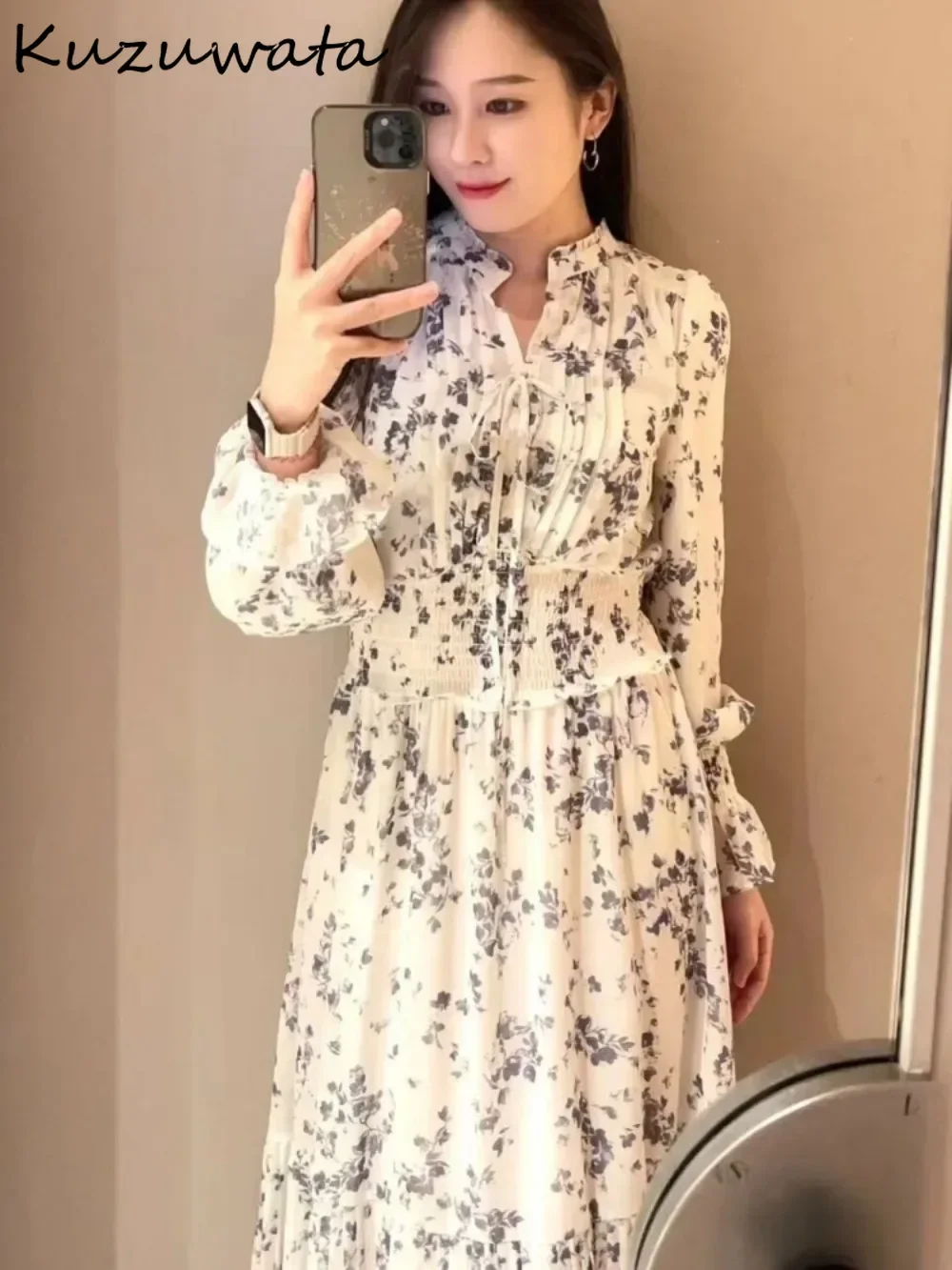 Kuzuwata French Sweet Minority Feminine Harajuku Print Dress Lace Up Slim Waist Chiffon Robe Japan Elegant Commuter New Vestidos