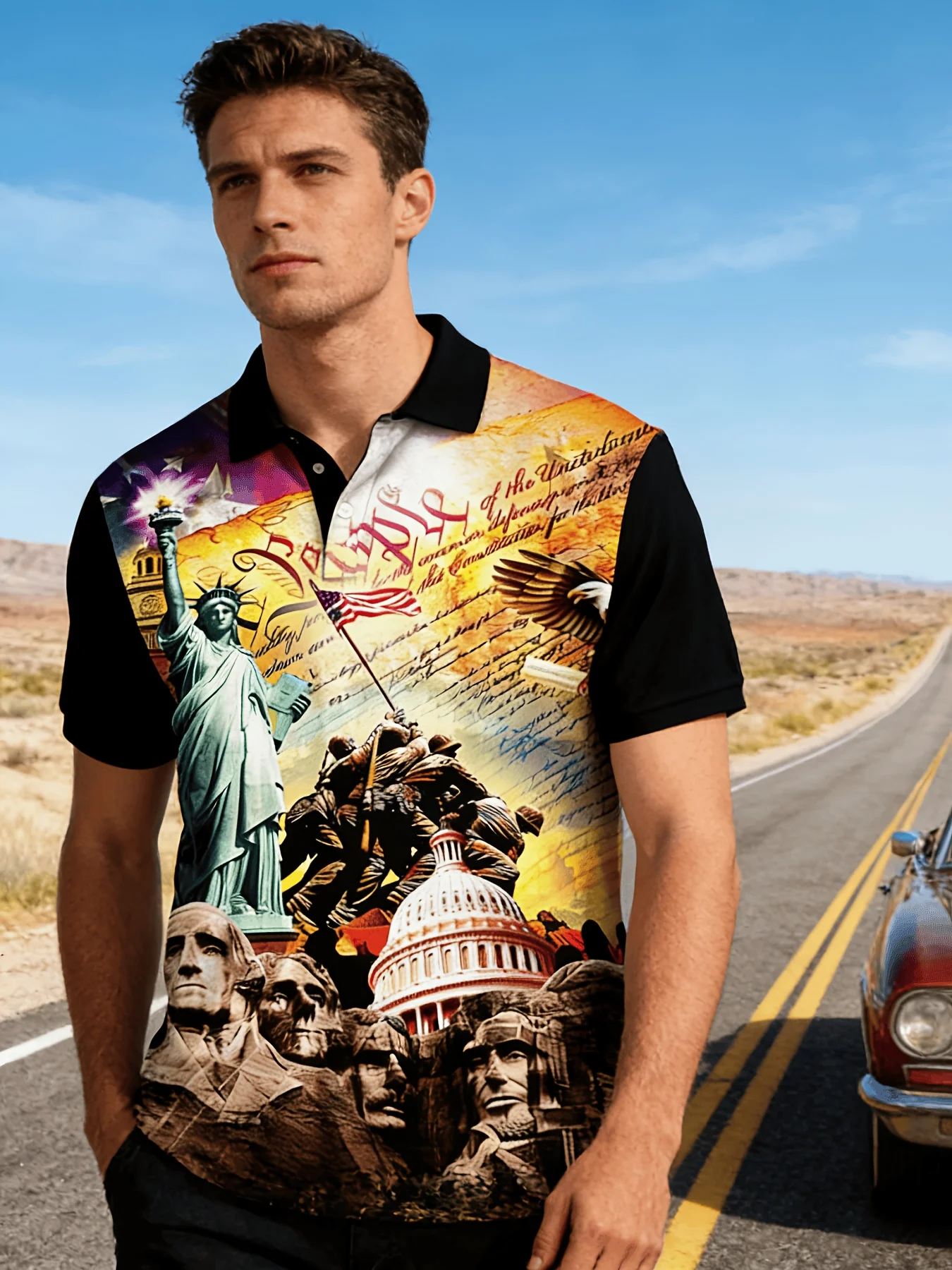 Men's USA Patriotic Polo Shirt 3D Print Statue Of Liberty Mount Rushmore Iwo Jima Flag Raising US Capitol Bald Eagle Short