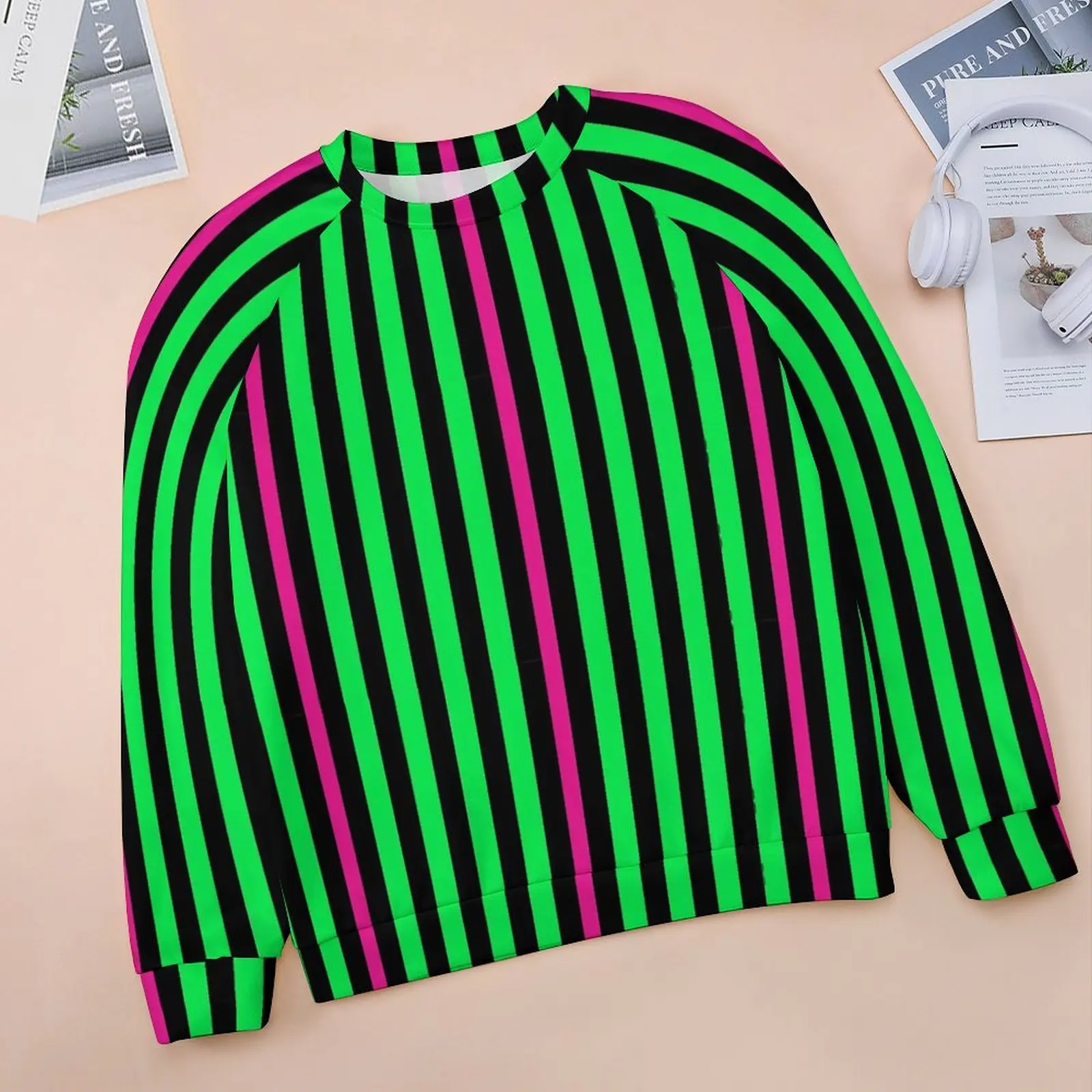 Colorblock Casual Hoodies Neon Green Stripes Kawaii Graphic Hoodie Autumn Long Sleeve Hip Hop Oversize Sweatshirts Birthday Gift