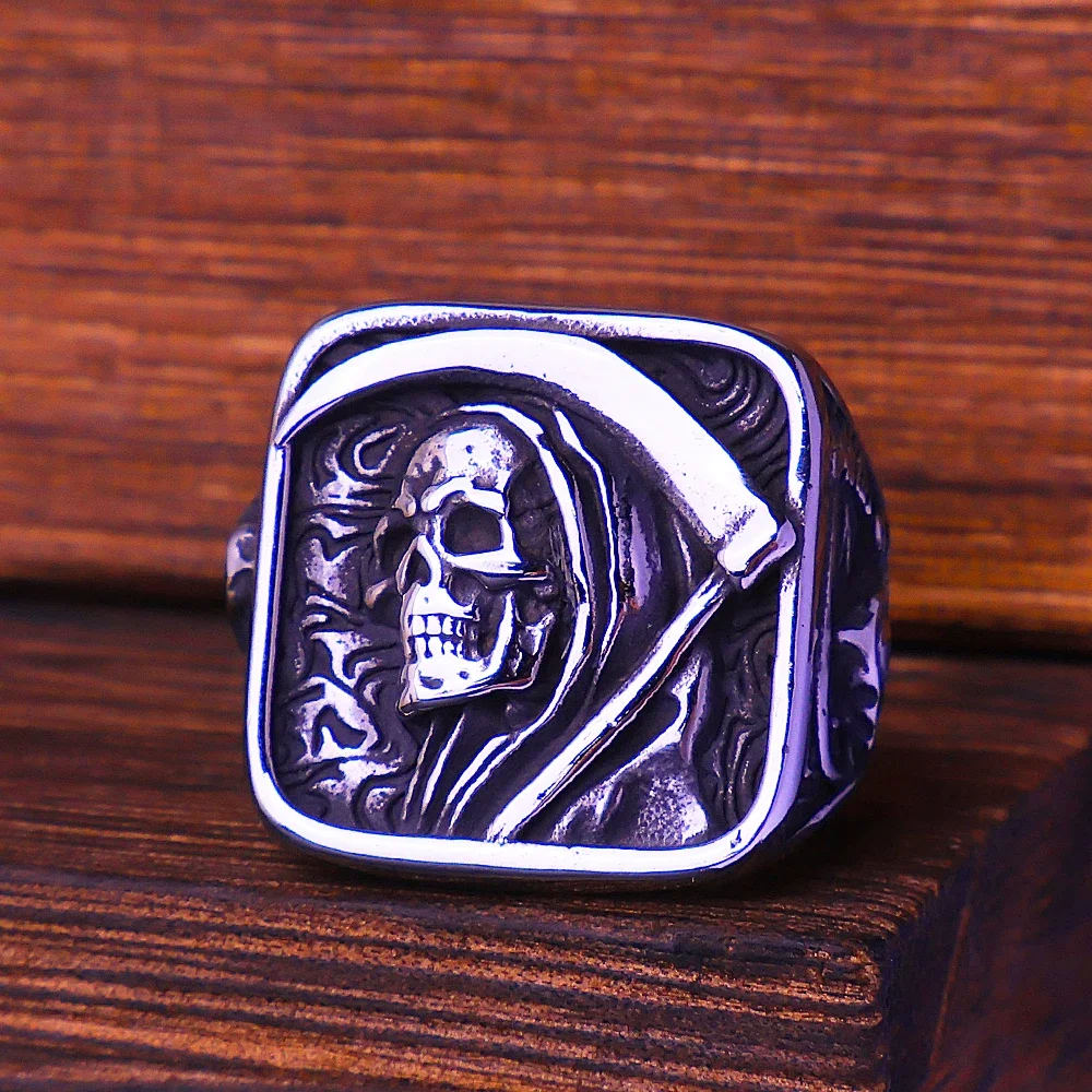 Gothic Death Sickle Skull Rings for Men Stainless Steel Hip Hop Vintage Skeleton Ring Biker Punk Party Jewelry Gift Wholesale