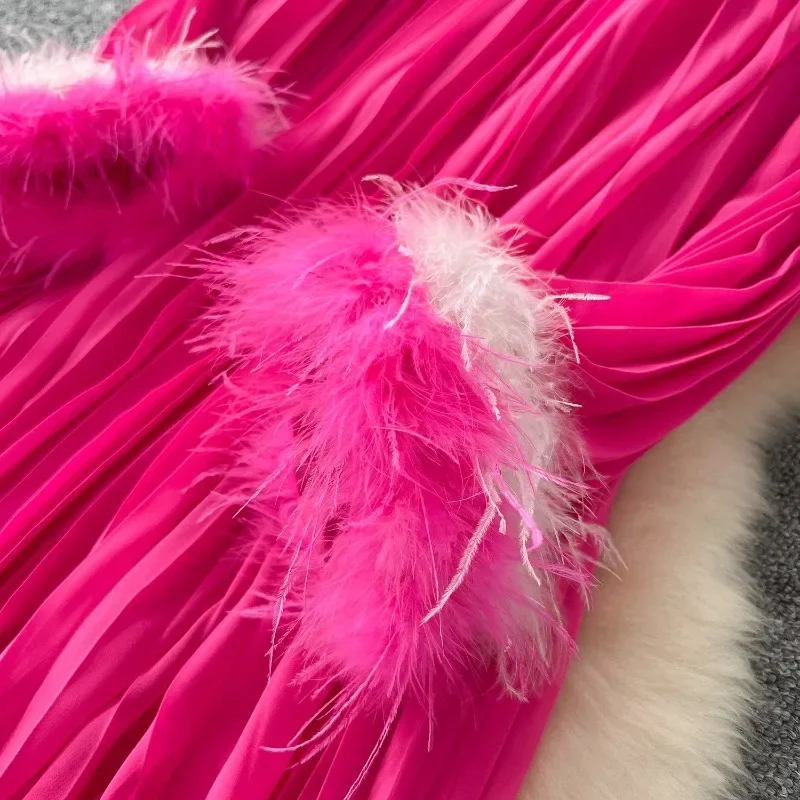 Frauen Solide Elegante Plissee Maxi Kleid Kristall Strass Oansatz Aushöhlen Federn Splice Volle Hülse Lange Geburtstag Party Robe