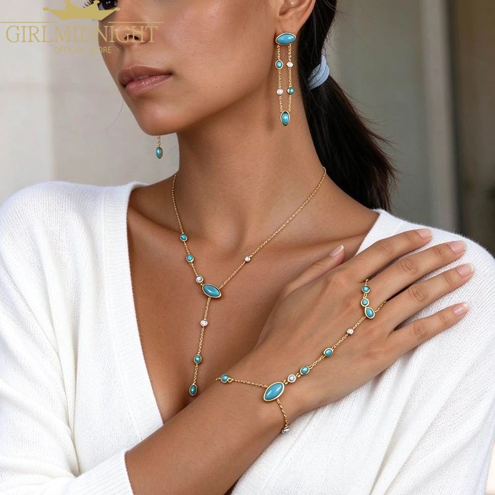 2026 New Sexy Women Y Lariat Necklace Gold Color Bling CZ Turquoise Paved Tear Drop CZ Geometric Colorful Bracelet Jewelry Set