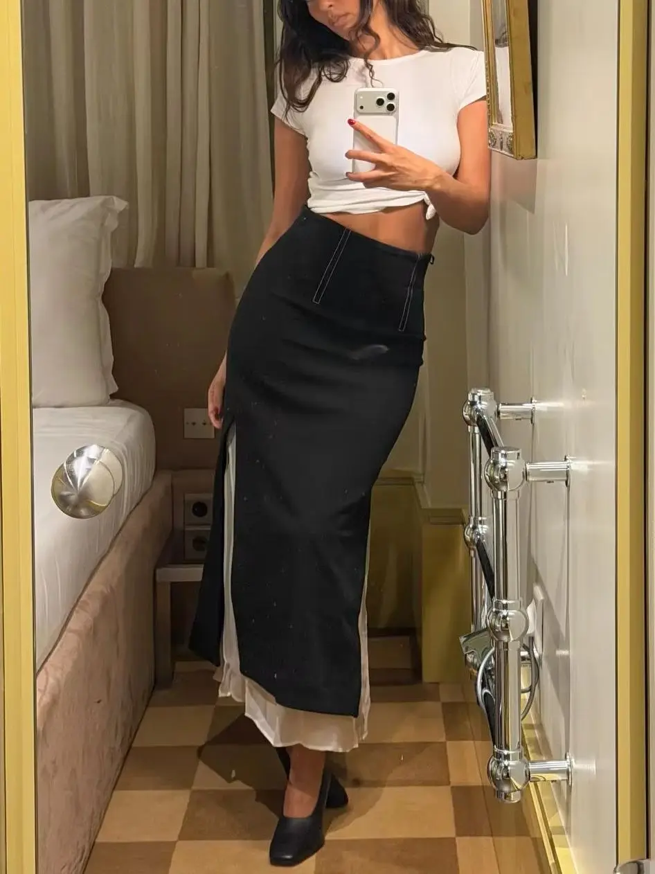 

Summer 2026 Women Fashion Slim Set Back Zipper High Collar Long Sleeve Pullover Top + Elastic Waist High Slit Maxi Skirt Suit