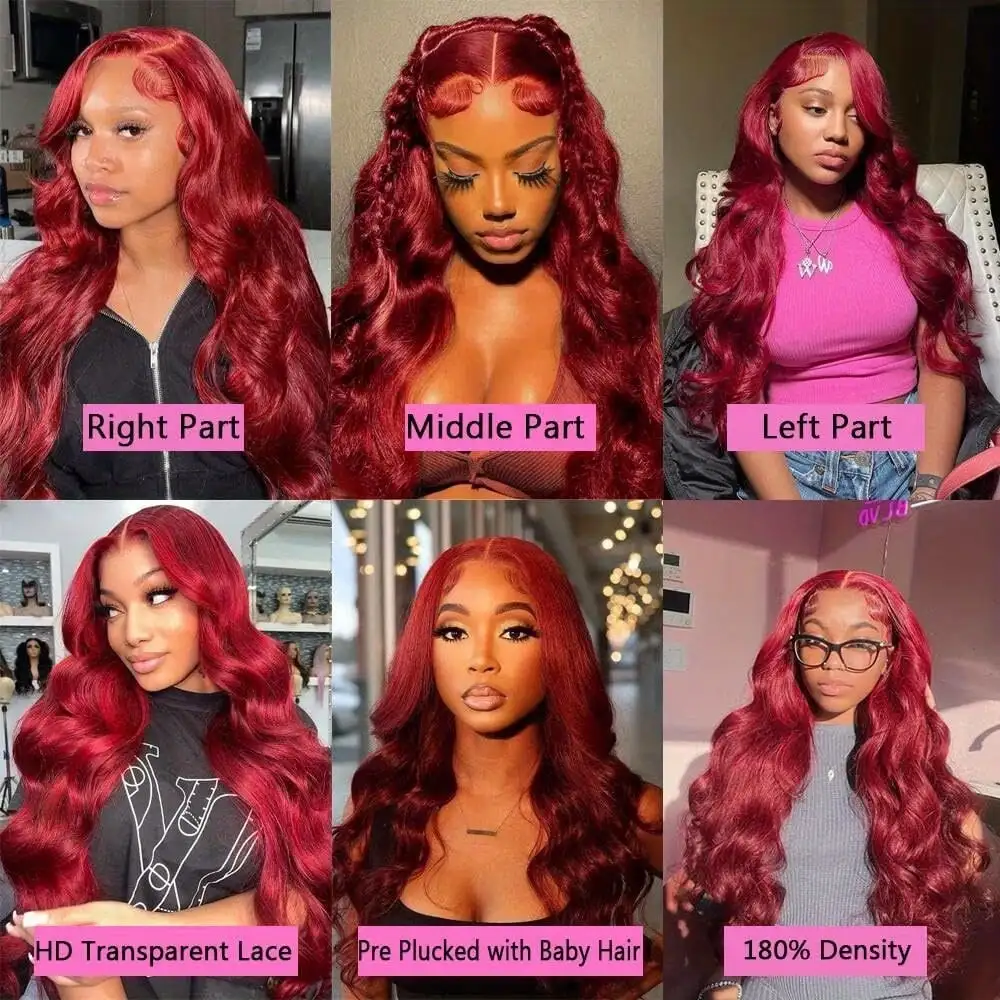 28 Inch 99J Burgundy Body Wave Human Hair 13x4 HD Transparent Lace Front Wigs 250 Density Pre Plucked 99j Burgundy Red Wine Human Hair Wigs For Women Wedding Party Christmas Daily Use - view 7