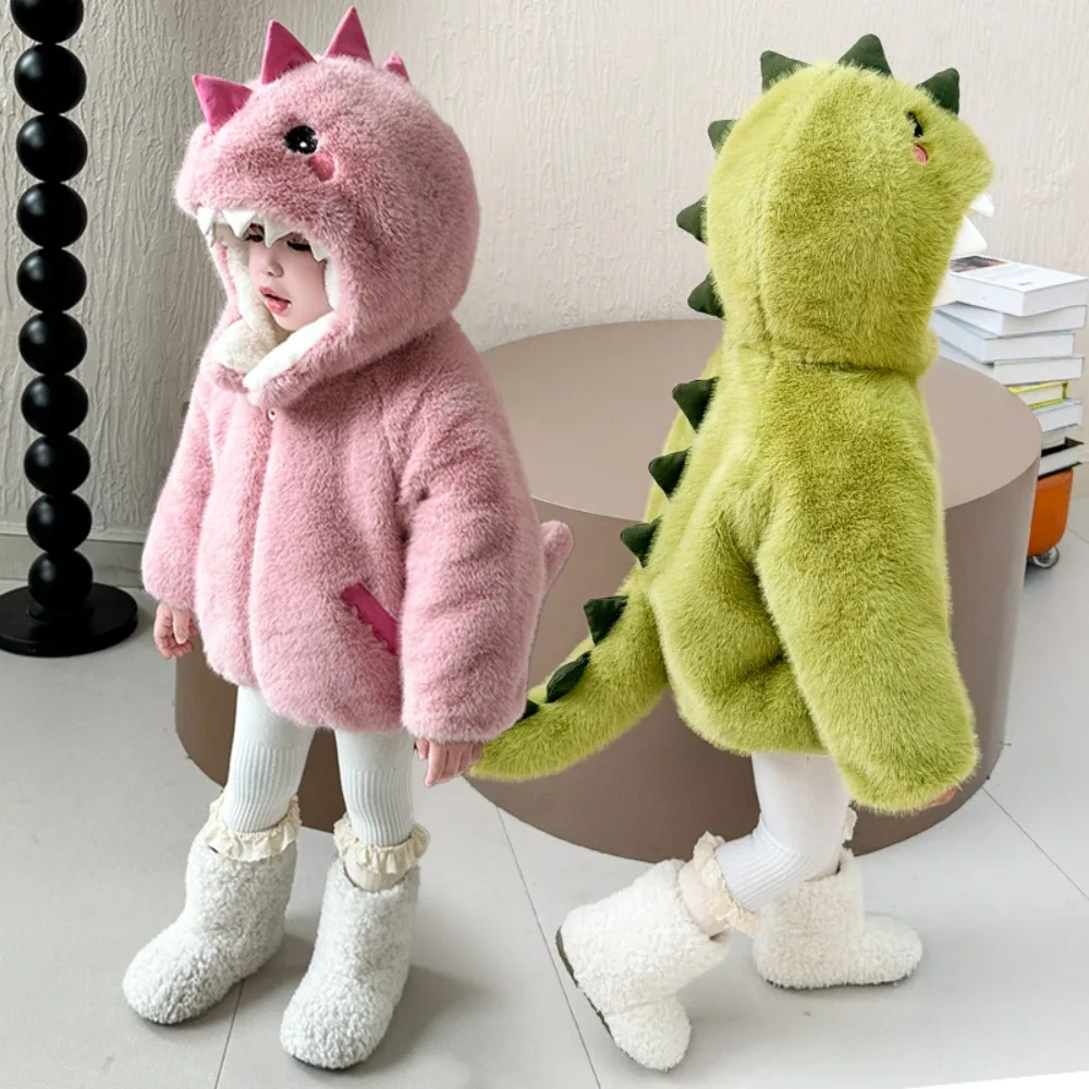 Boys Fleece Lined Coat Autumn Winter New Kids Thick Dinosaur Furry Jacket Cute Faux Fur Boys Outerwear 80-170cm