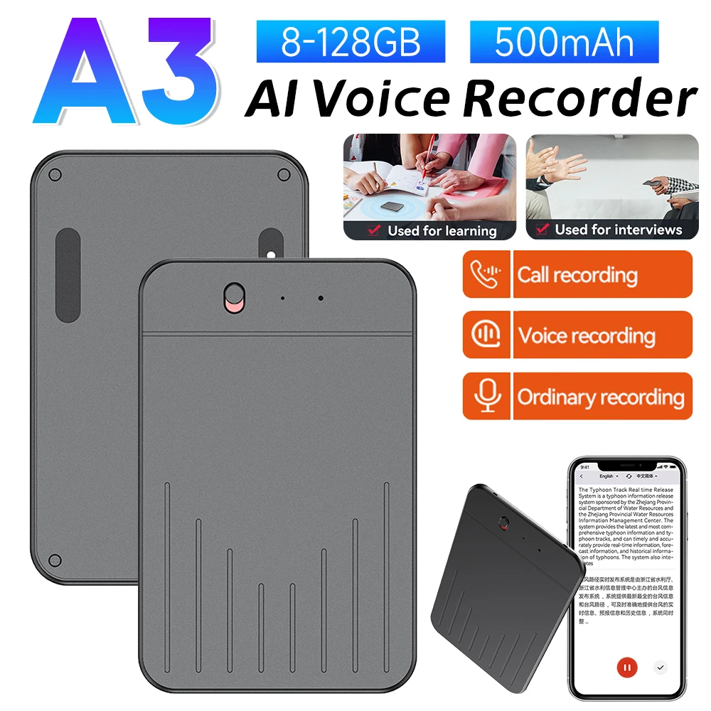 Rejestrator głosu AI 8/16/32/64/128GB, sterowanie aplikacją, rejestrator audio, transkrypcja i podsumowanie ChatGPT, obsługa wielu języków