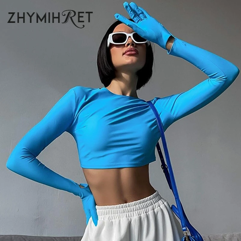 ZHYMIHRET Neon Color Long Gloved Sleeve Y2K Crop Tops 2024 springT Shirt For Women Clothing Kawaii Korean Fashion Streetwear