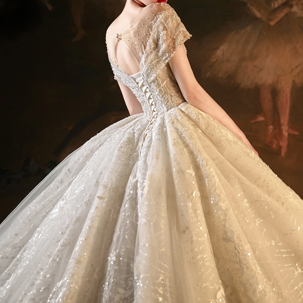 Jancember Flash Sale Customization Wedding Dress 2024 Ball Gown O-Neck Short Sleeves Backless Beading Vestidos De Novia LSMX032