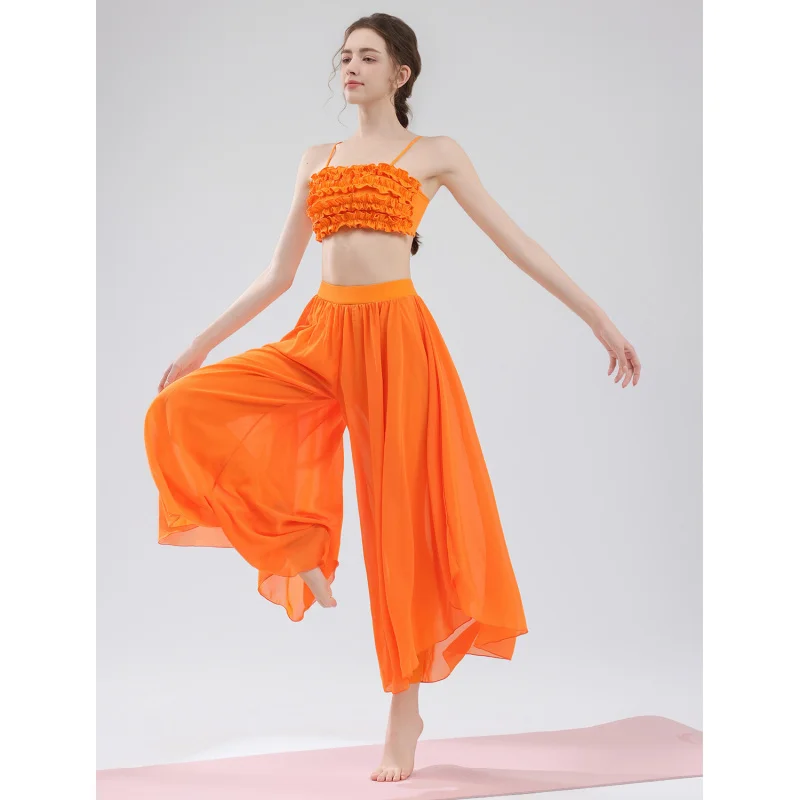 زي رقص اليوغا الكلاسيكي Dunhuang Flying Apsaras للنساء مع حمالة صدر رياضية من الدانتيل وسراويل ممارسة شيفون واسعة