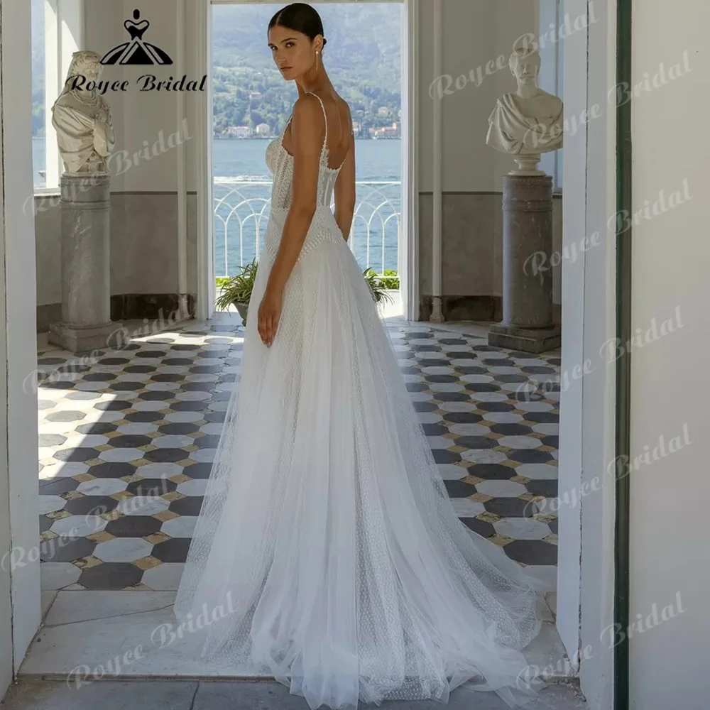 Thin Bead Strap Geometric Lace A Line Wedding Dress Sweetheart Sheer Corset Multi-Layer Dotted Soft Tulle Bridal Gown Customized