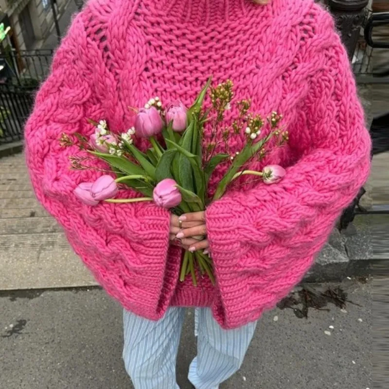 

Y2k Trends Oversized Knit Pullovers Knitwear Woolen Sweaters Design O-neck Bell Sleeves Designer Coats Streetwear Tops Solid