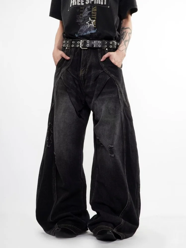

2026 American Retro Y2K Style Washed Black Pleated Baggy Ripped Jeans Pants For Men Clothing Wide Leg Loose Cotton Long Trousers