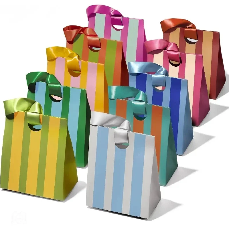 10Set Vitalizart Small Striped Paper Gift Bags Bulk Pack with Ribbon Handles for Party Favors Wedding Birthday