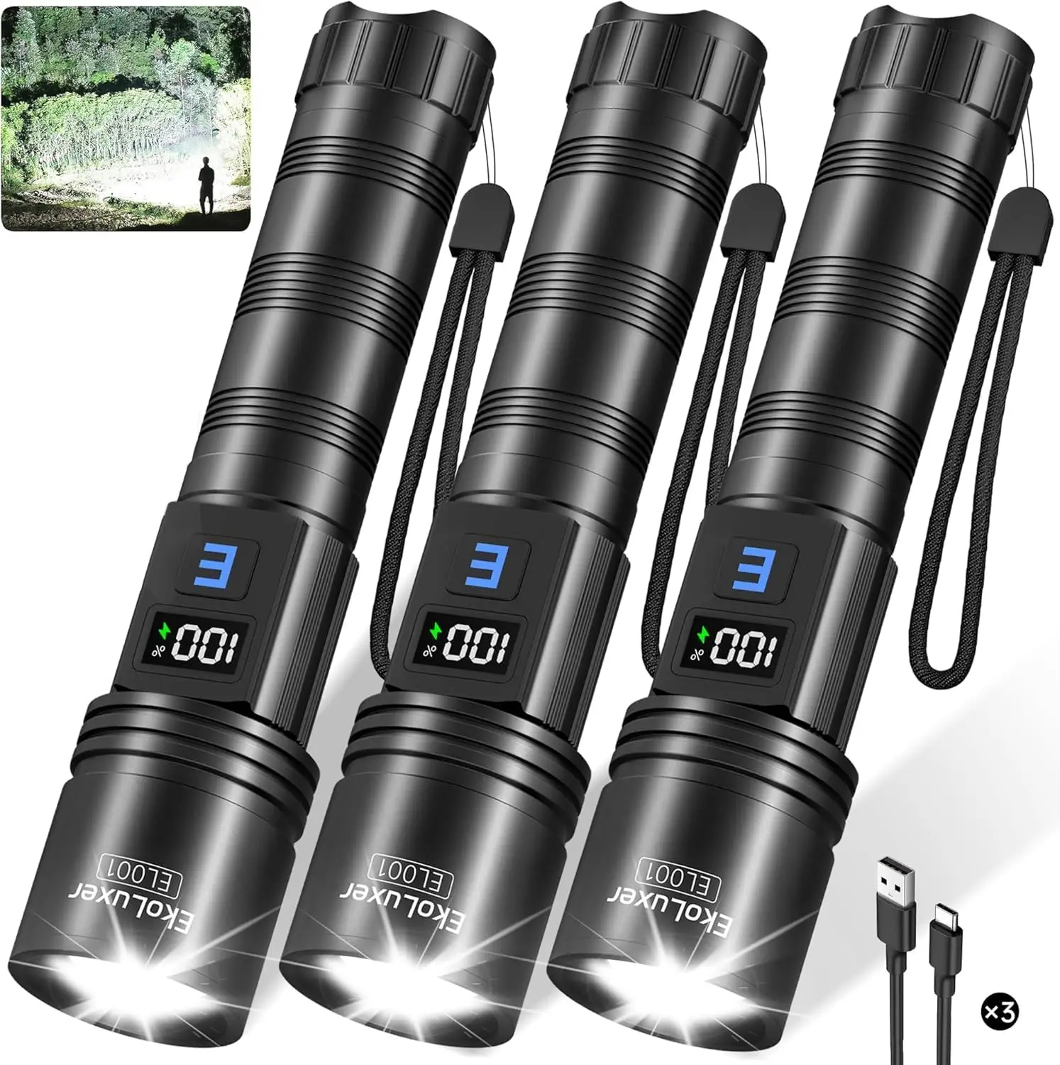 3-Pack High Lumens Rechargeable Flashlights with LCD Display, 5 Modes Adjustable LED Tactical Light for Emergency