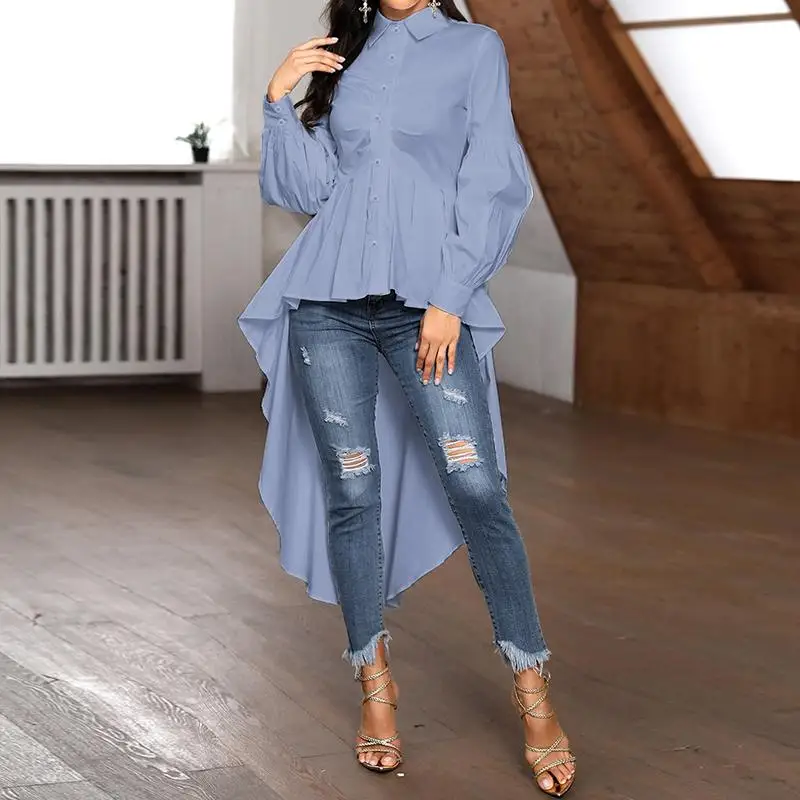 

Fashion Puff Sleeve Shirts Women's Asymmetrical Blouses Spring Solid Blusas Female Lapale Button Top Plus Tunic blue Size