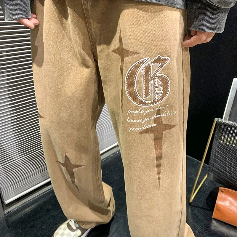 Men's Retro Embroidery Flame Jeans Neutral Wide Leg Denim Trousers Loose Straight  Man Jeans Pants Boy Casual Baggy Hip Hop 2023