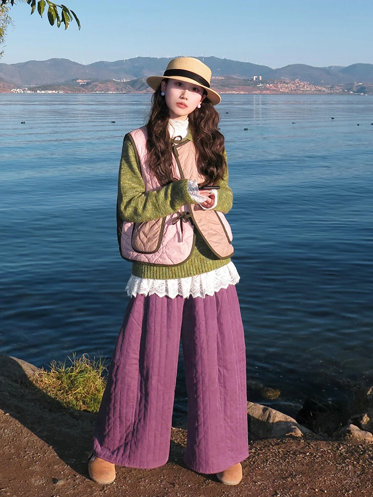 Sli Color Blo round Ne Svel Vest Jaet المرأة الخريف الشتاء الدافئة ملابس خارجية فضفاضة تخفيف Sle Morning Bell E...