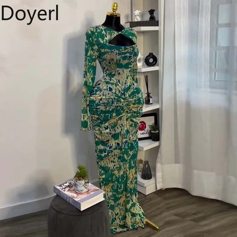 Doyerl Long Sleeve Bodycon Maxi Dresses Women Elegant Cut Out Ruched High Waist Print Sheath Night Club Party Long Dress Robes