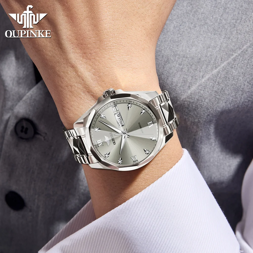 

OUPINKE Men's Watches Simple Luxury Top Brand Original Automatic Mechanical Wristwatch Tungsten Steel Sapphire Mirror Date Week