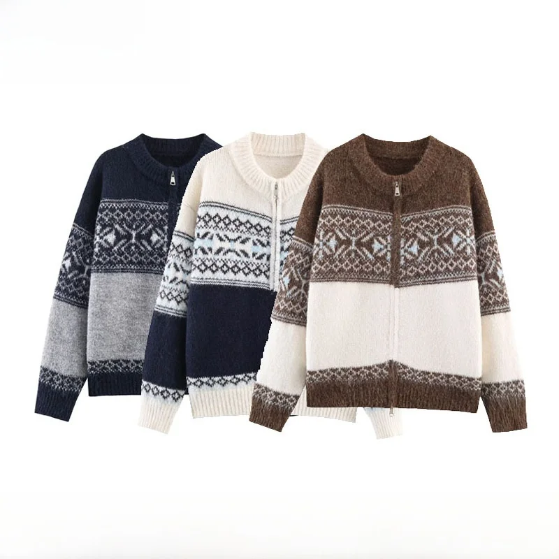 Faionable Long Sve Knitted Cardigan Women's Autumn Winter New Arrival Double Zipper All-Match Floral Embroidery Open-irt