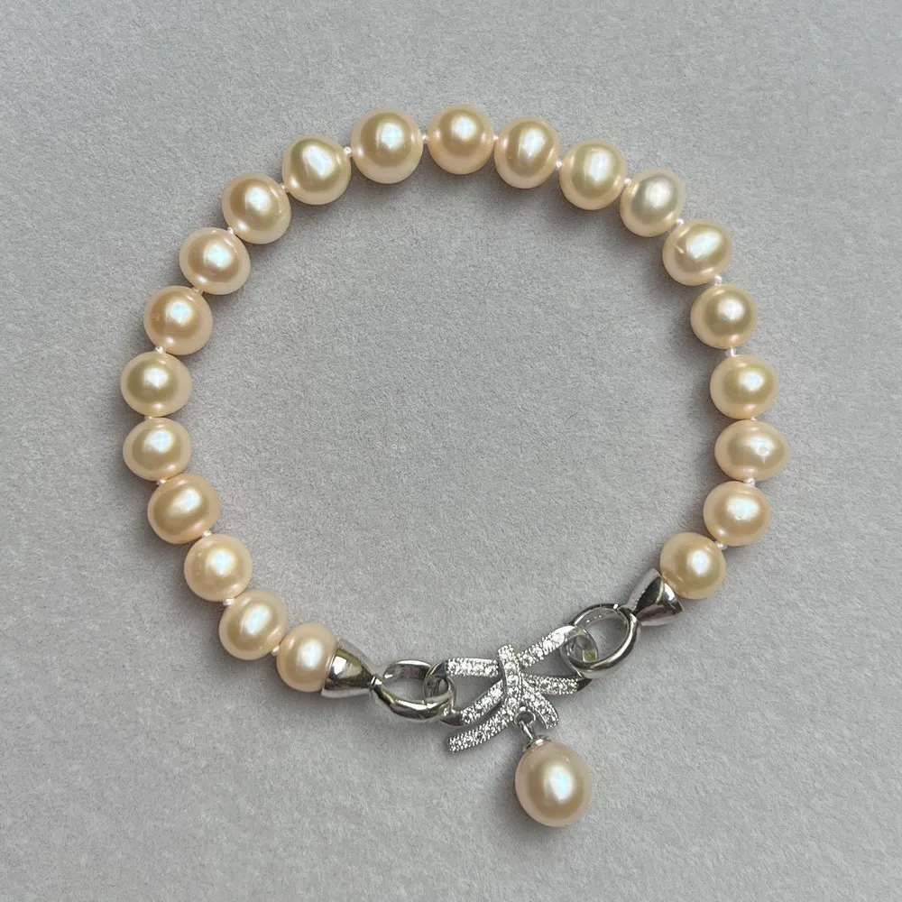 

Натуральный розовый браслет с жемчугом Южных морей AAA7-8 мм, стиль банта 17,5–925 s