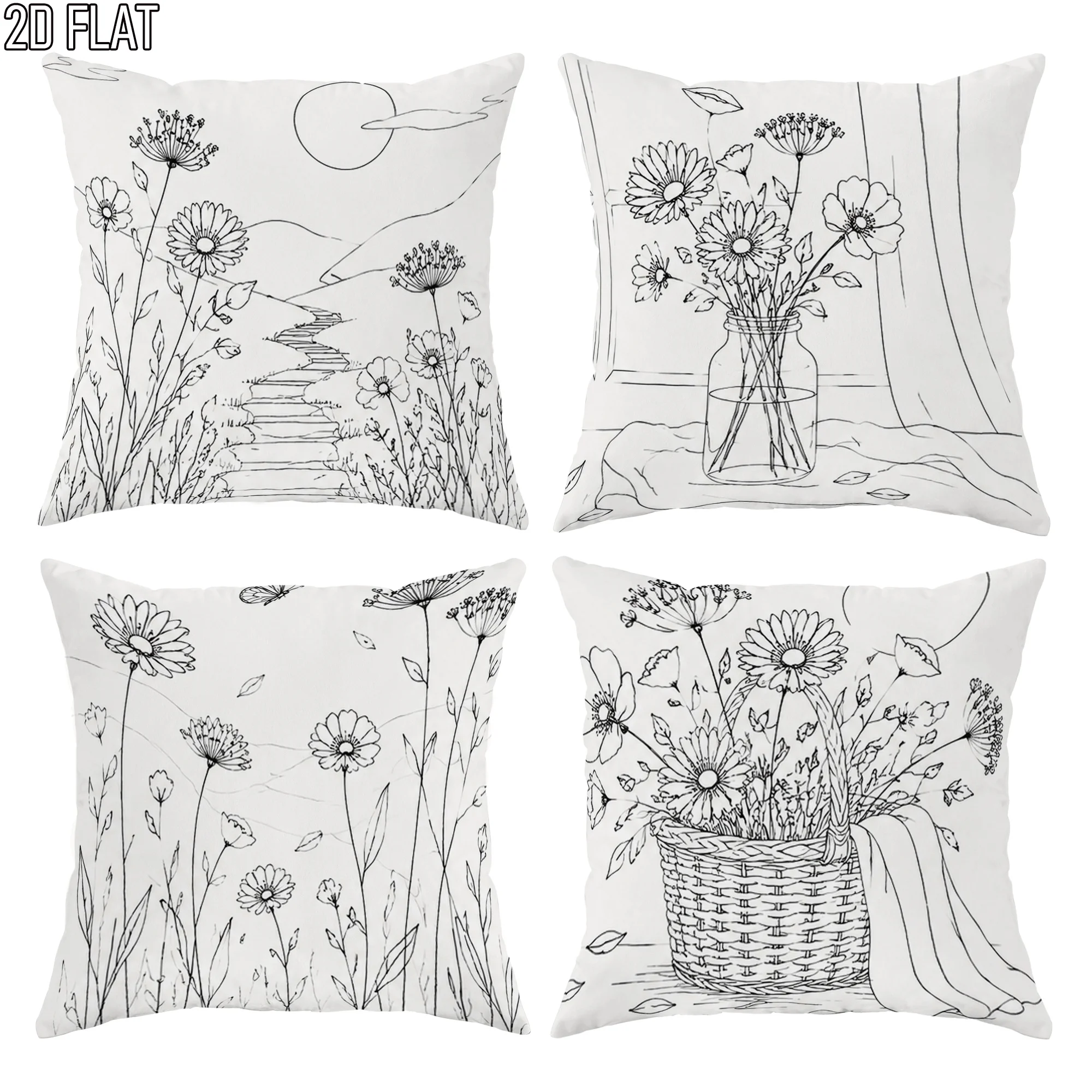 Boho Wildflower Botanical Floral Sketch Pillow Covers Set Spring Nature Line Art Cushion Home Decor Decorative Throw Pillowcase