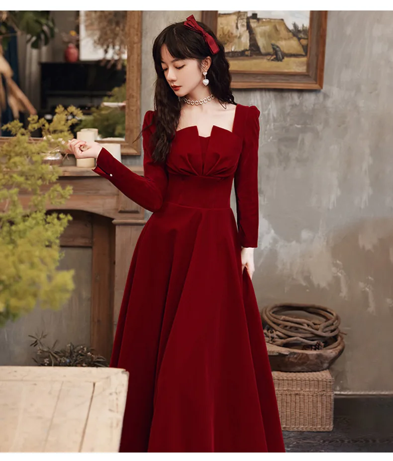 2024 Bride Toast Dress Wine Red Autumn New Long sleeved Square Neck Back to the Door, Can Wear Long A-line Skirt Normally